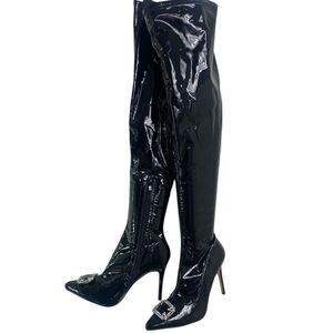 Elegant Black Stiletto over the knee Boots with Rhinestone buckle 9